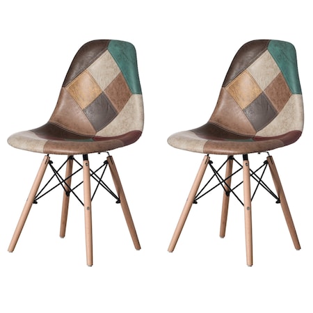 Fabulaxe Modern Fabric Patchwork Chair w/Leather and Suede Like Tones w/Wooden Legs, PK 2 QI004326.2